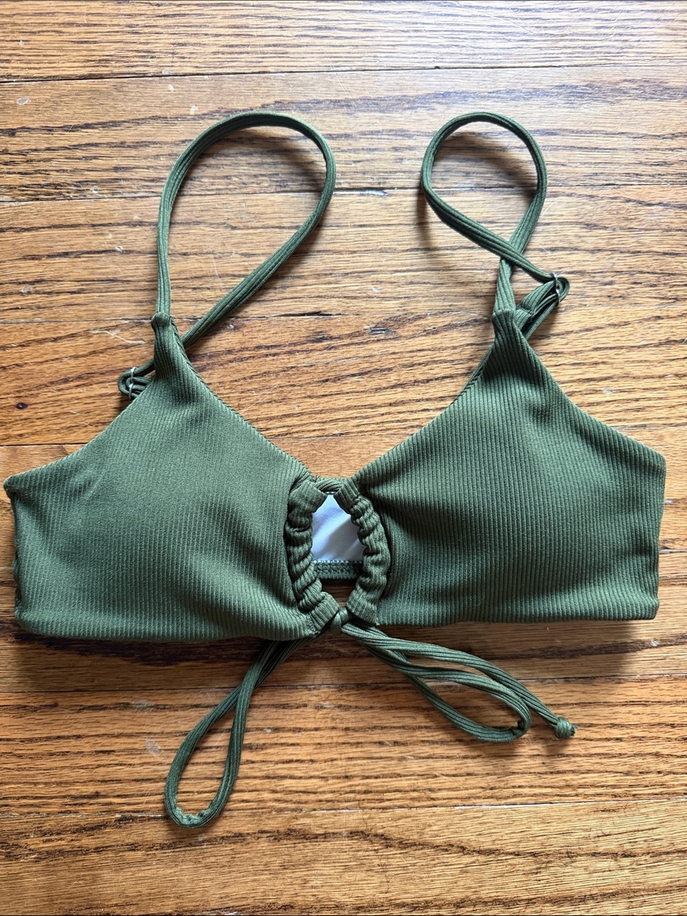 Olive Green Ribbed Bikini Top with Front Tie